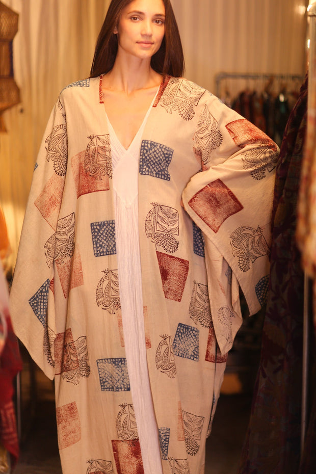 HAND LOOM COTTON HAND BLOCK PRINT KOMONO PINA RARA - sustainably made MOMO NEW YORK sustainable clothing, kimono slow fashion