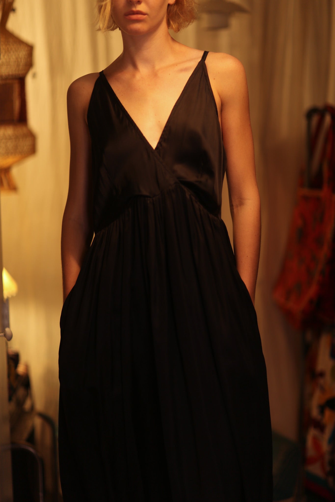 LILY SILK DRESS SOLID BLACK - sustainably made MOMO NEW YORK sustainable clothing, Boho Chic Dress slow fashion