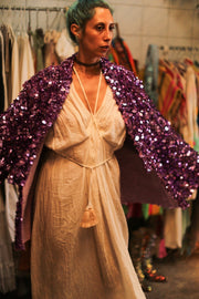 PURPLE SEQUIN EMBROIDERED KIMONO - sustainably made MOMO NEW YORK sustainable clothing, bestseller slow fashion