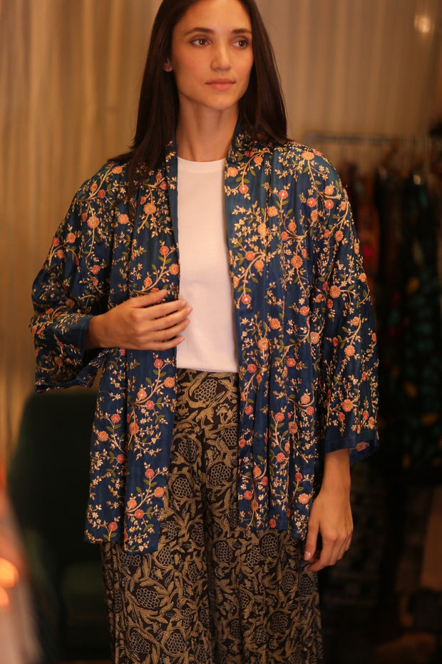 SHORT EMBROIDERED SILK KIMONO ANNA - sustainably made MOMO NEW YORK sustainable clothing, kimono slow fashion